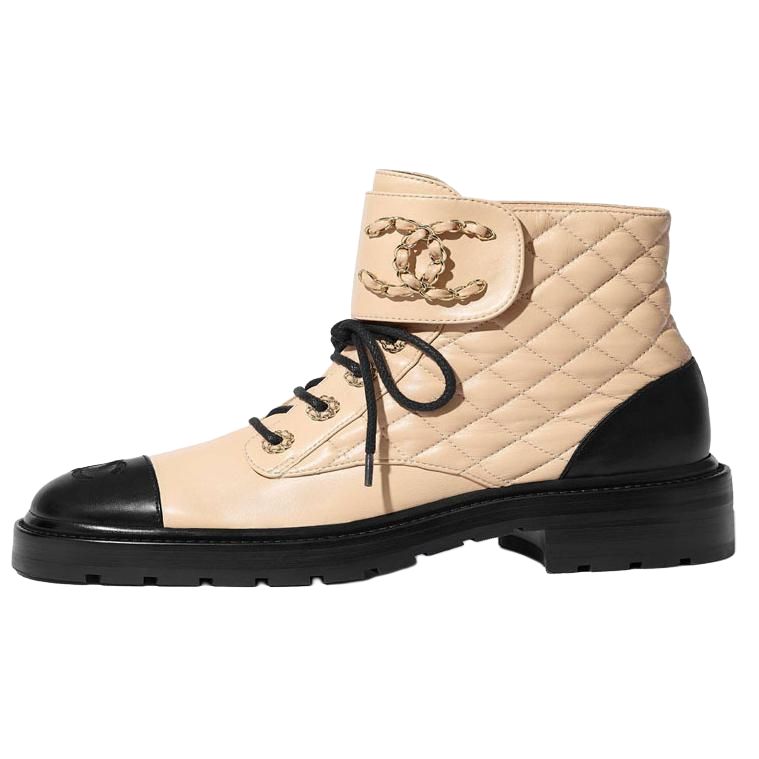 CHANEL Quilted Lace Up Combat Boot Beige Leather