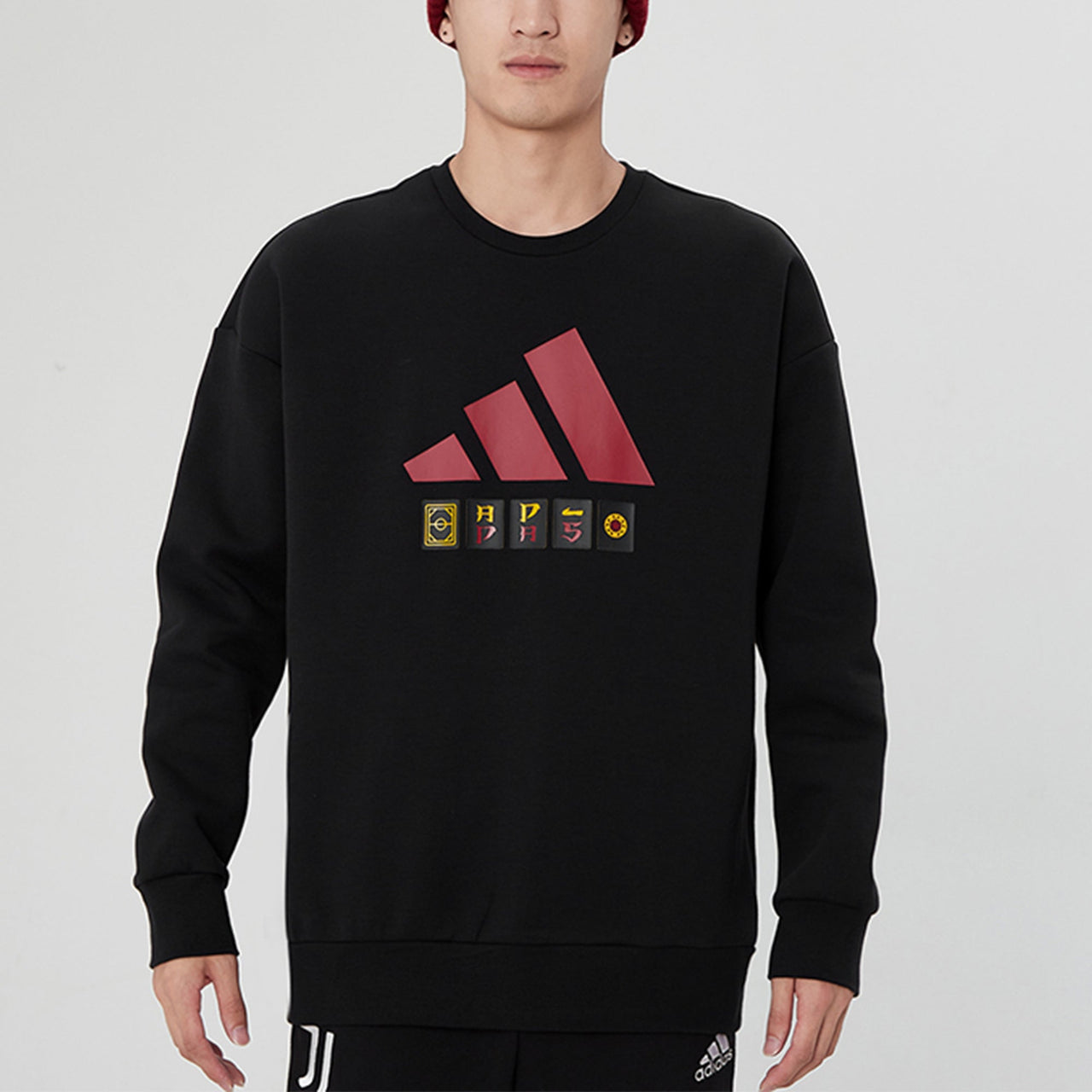 Men's adidas Large Logo Athleisure Casual Sports Loose Round Neck Pullover Black H39214