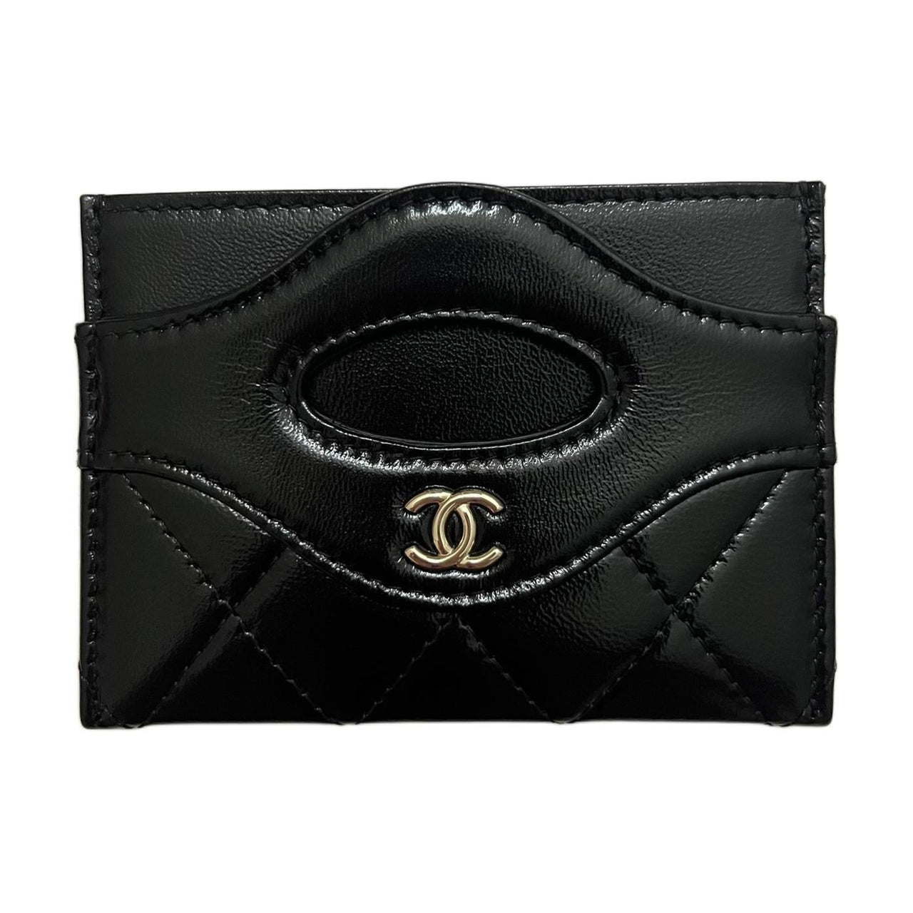 CHANEL Plaid Shiny Calfskin Card Clip Card Holder Unisex Black