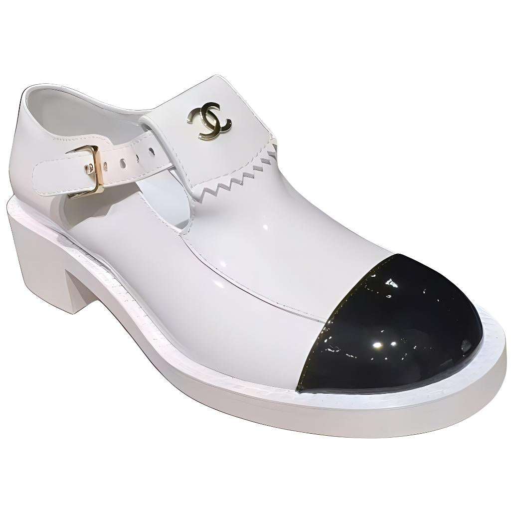 CHANEL Chunky Heel Mary Jane Shoes Women's White