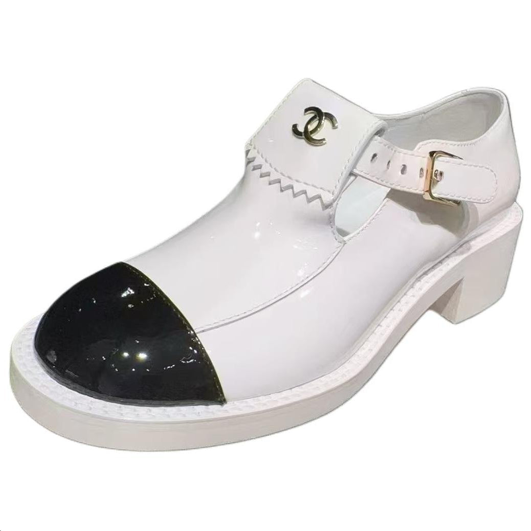 CHANEL Chunky Heel Mary Jane Shoes Women's White