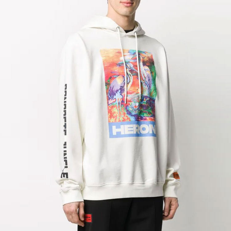 HERON PRESTON Heron Water Colours Print Embroidery Popover Hoodie 'White' HMBB007S208960210188