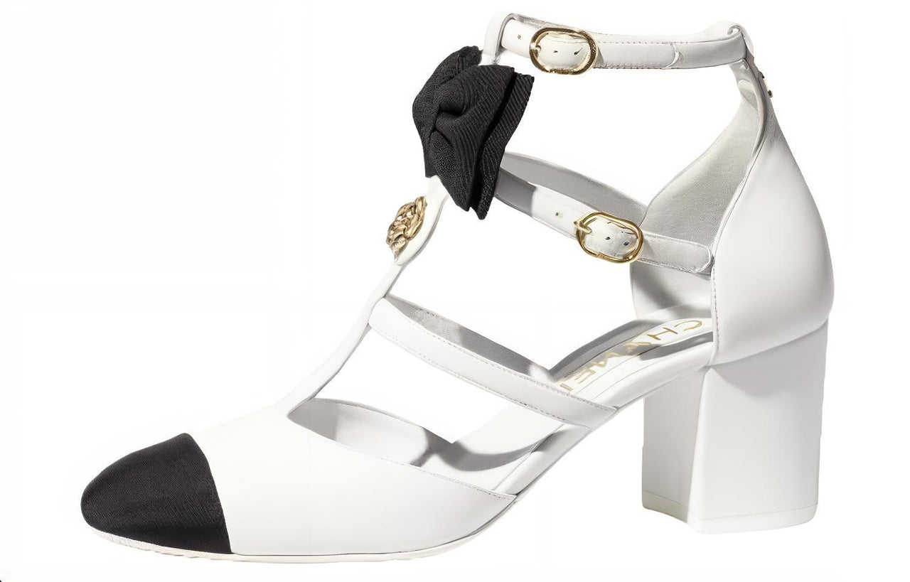 CHANEL Chunky Heel Mary Jane Shoes 6.5cm Women's White