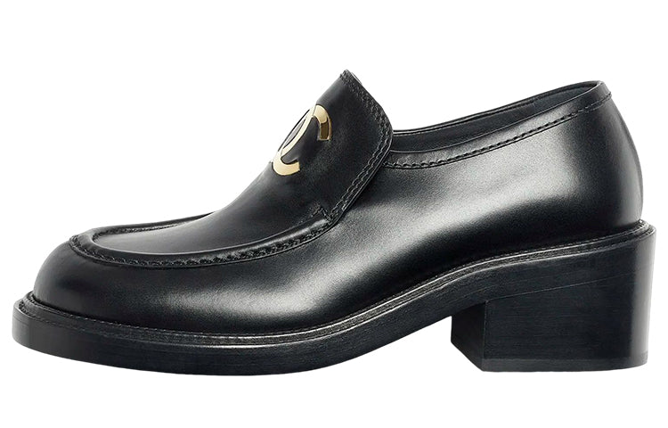 CHANEL Cc 55mm Loafers Black Shiny Calfskin Women's