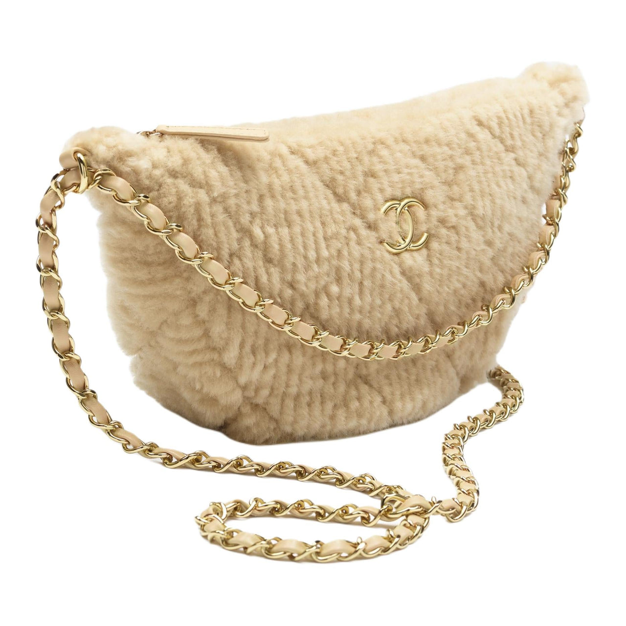 CHANEL Wool With Sheepskin Shoulder Bag, Crossbody Bag Large Size Women's Light Umber