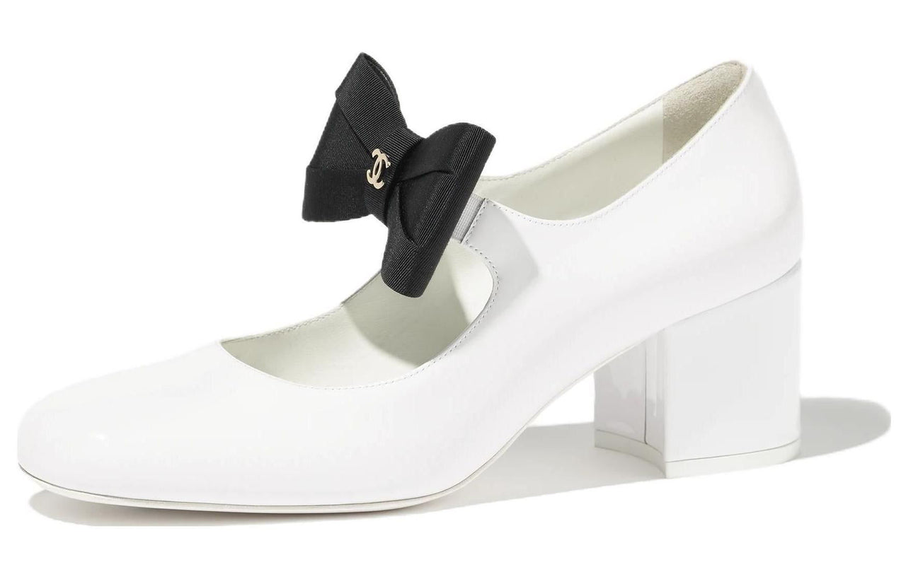 CHANEL Chunky Heel Mary Jane Shoes Women's White