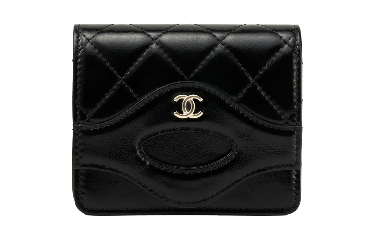 CHANEL Shiny Calfskin Coin Purses Card Holders Women's Black
