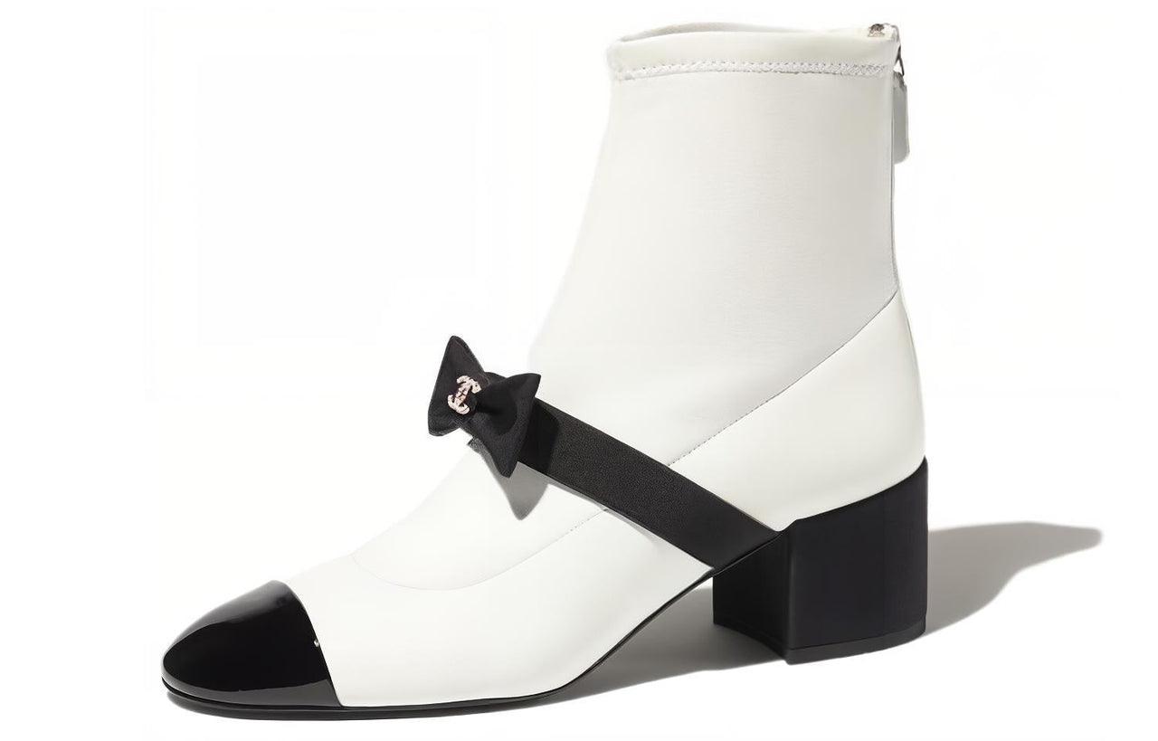 CHANEL 55mm Bow Ankle Boots White Stretch Lambskin Women's