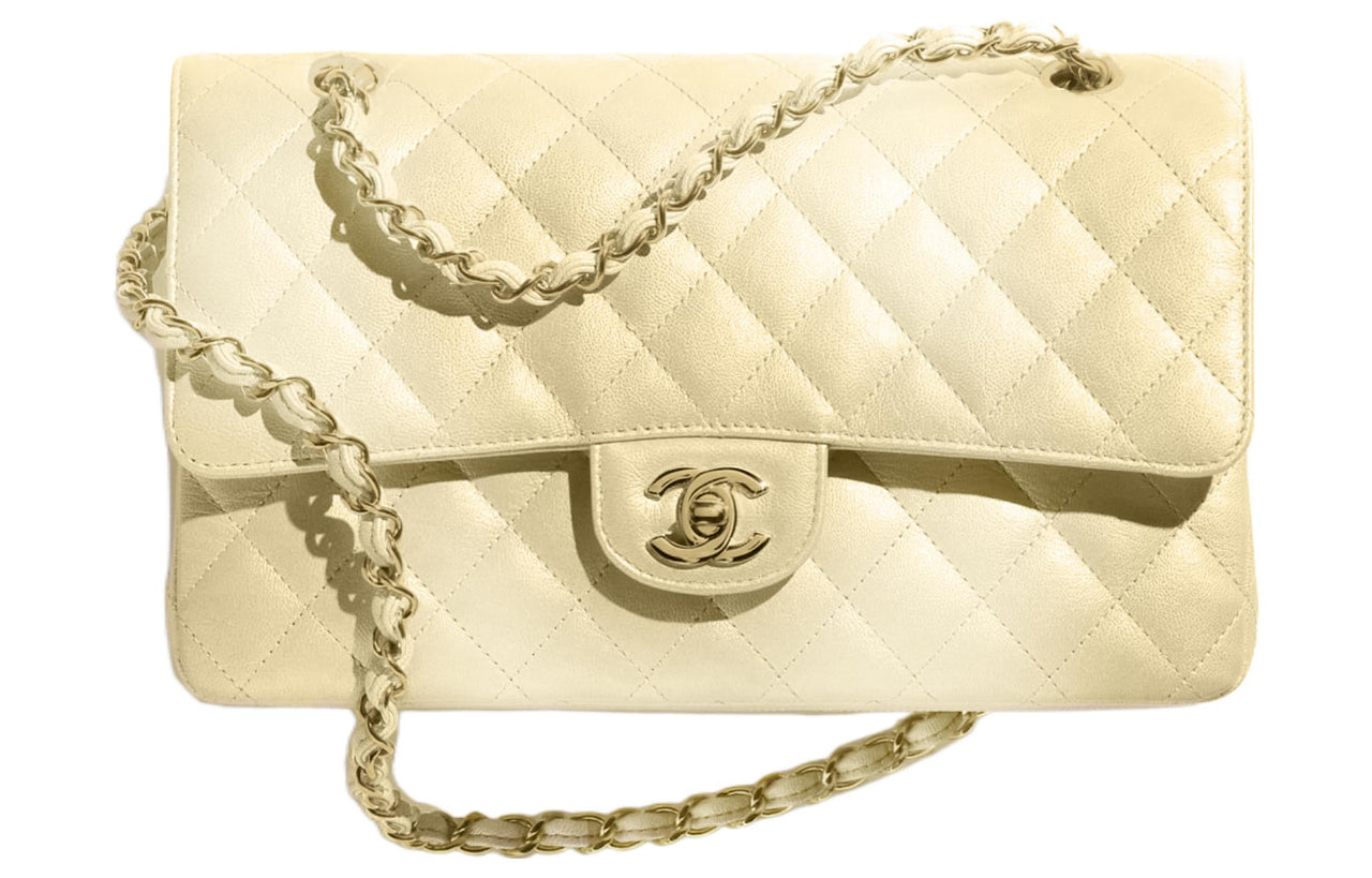 CHANEL Classic Flap CF Cloudy Pearly Goatskin Crossbody Bag, Shoulder Bag Regular Women's Light Yellow