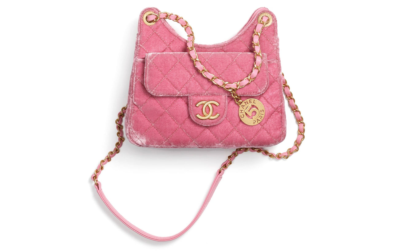 CHANEL Velvet Hobo Bag Shoulder Bag Crossbody Bag Small Size Women's Pink