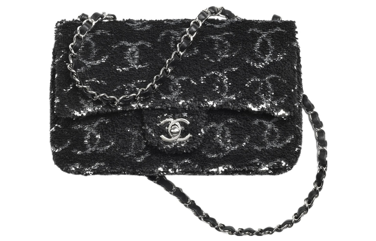 CHANEL Sequins Evening Party Bag Shoulder Bag Crossbody Bag Women's Black/Silver