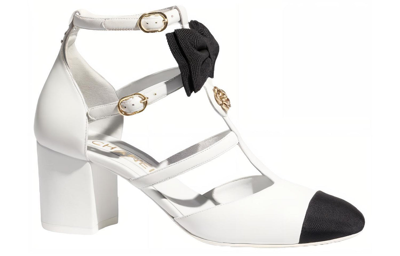 CHANEL Chunky Heel Mary Jane Shoes 6.5cm Women's White