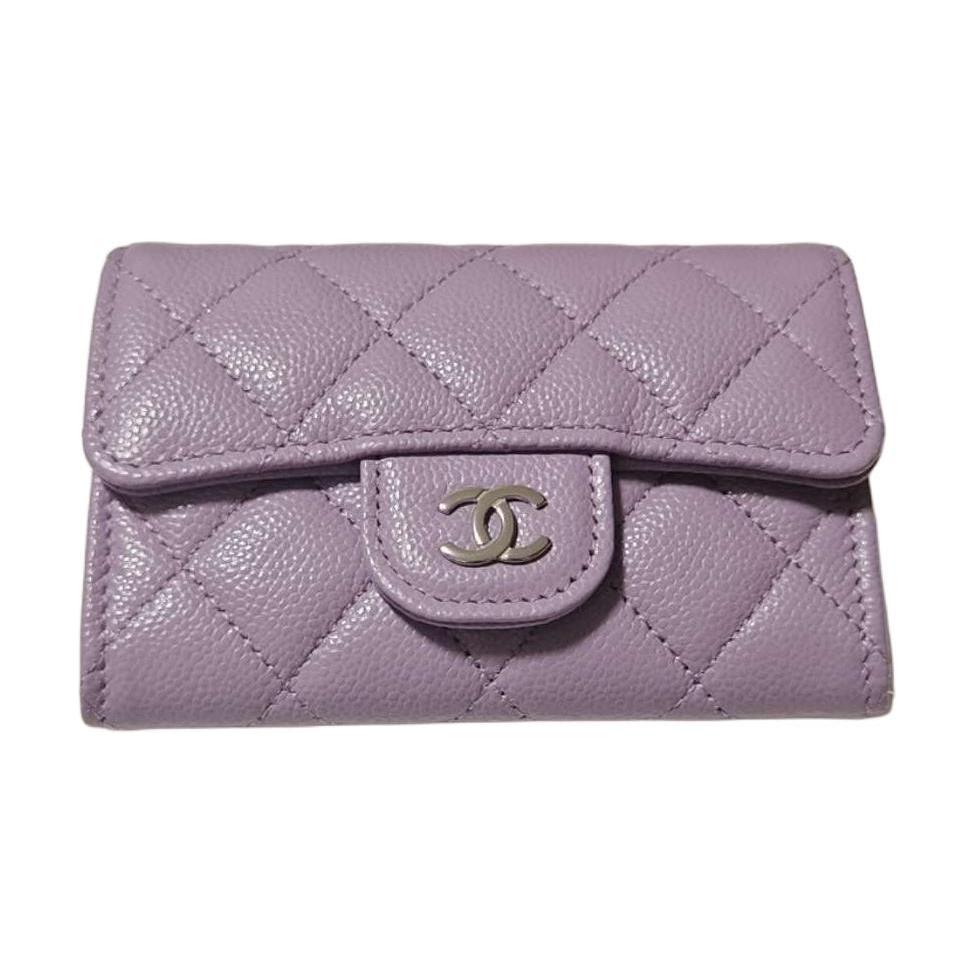 CHANEL Shiny Beaded Embossed Cow Leather Card Sleeve Card Holder Women's StellaLou Purple