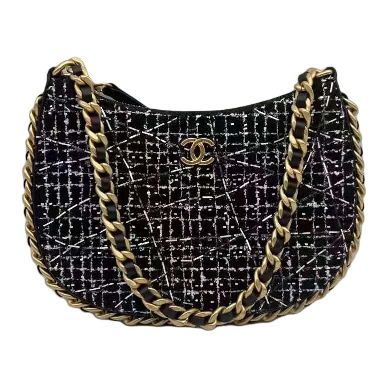 CHANEL Tweed Hobo Bag Handbag Shoulder Bag Women's Black White