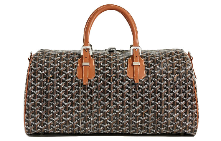 GOYARD Boston Canvas With Leather Portable Crossbody Bag, Travel Bag Medium Size Unisex Brown