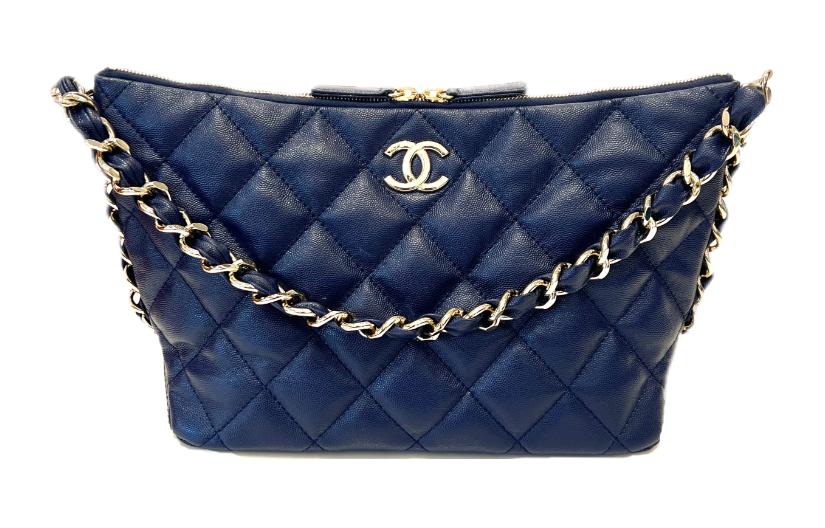CHANEL Litchi Grain Cow Leather Handbag, Shoulder Bag Large Size Women's Marine Blue
