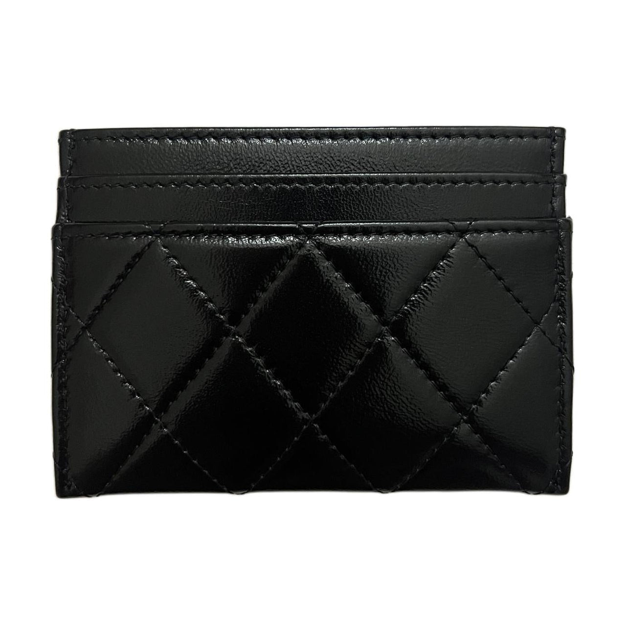 CHANEL Plaid Shiny Calfskin Card Clip Card Holder Unisex Black