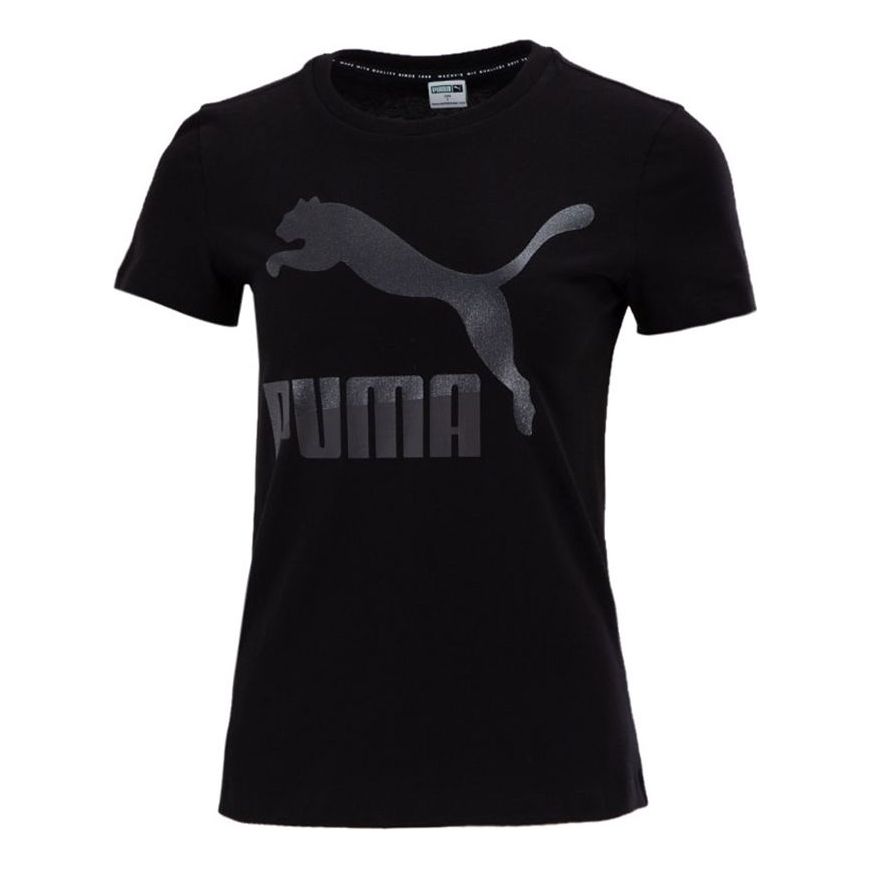 (WMNS) PUMA Classic s Contrast Colors Logo Printing Round NeckSport Short Sleeve Black 532282-56