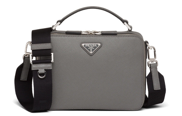 PRADA BriqueSaffiano Leather Handbag, Shoulder Bag, Crossbody Bag Men's Marble Gray