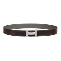 HERMES Palladium Metal Calfskin Leather Belts Men's Umber/Gray Width: 3.2CM