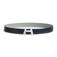 HERMES Calfskin Metal Palladium Plated Leather Belts Men's Blue/Gray Width  3.2CM