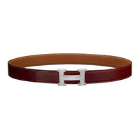 HERMES Palladium Calfskin Metal Leather Belts Men's Red/Brown Width: 3.2CM