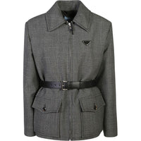 PRADA Triangle-Logo Belted Checked Jacket