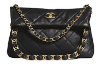 CHANEL Smooth Finish Lambskin Handbag Shoulder Bag Large Size Women's Black