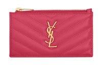 SAINT LAURENT CASSANDRE Grained Embossed Cow Leather Card Holder Women's Fuchsia