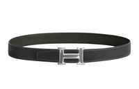 HERMES H Shaped Buckle With Smooth Closure Leather Belts Men's Black/Green Width 3.2cm