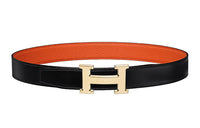 HERMES Togo Calfskin Double-Sided Leather Belt Leather Belts Unisex Black/Orange Width: 3.2cm
