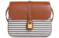 CELINE Tabou Stripes Textile, Cow Leather One Shoulder, Crossbody Bag Medium Size Women's Marine Blue/Tan