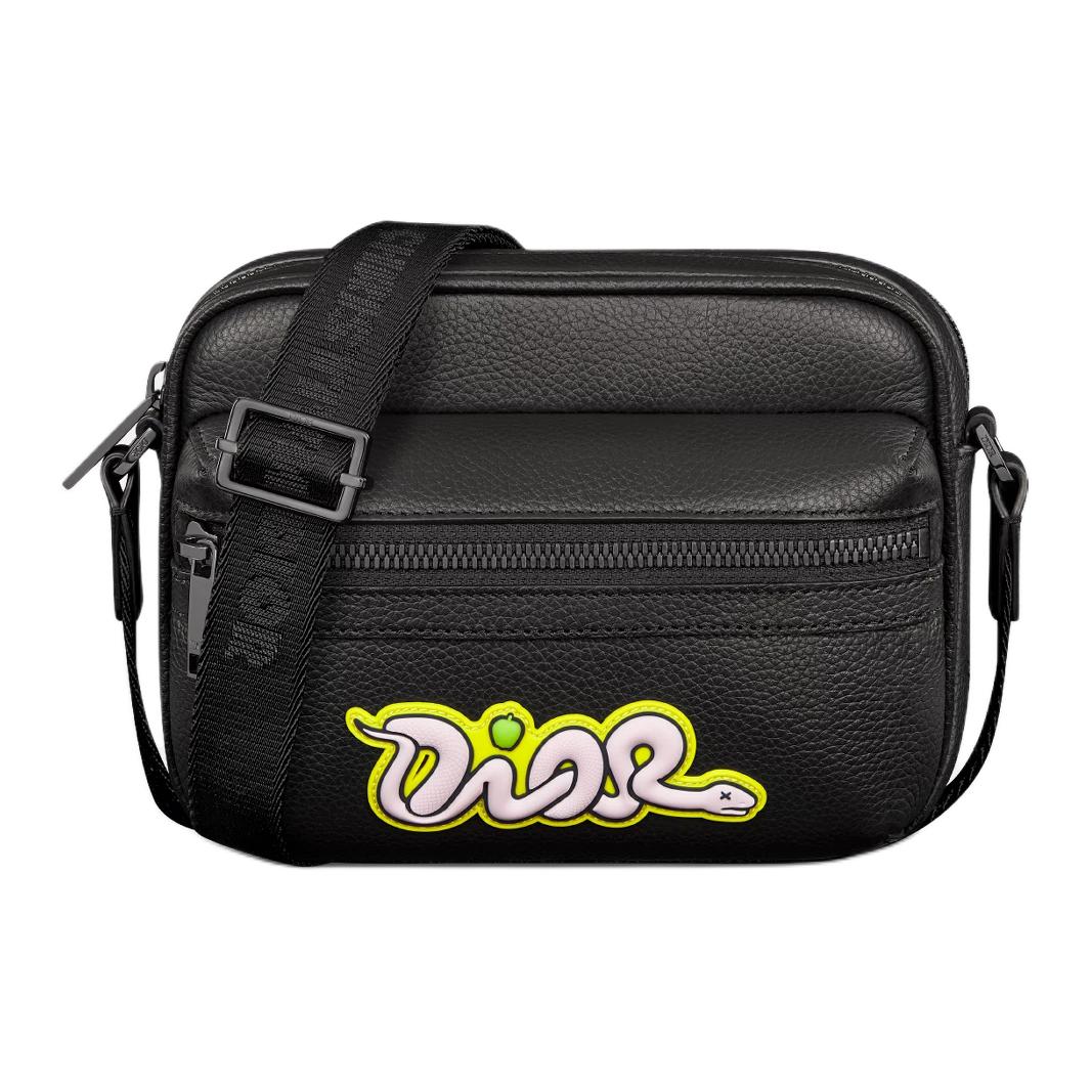 DIOR KAWS Collaboration Cow Leather Crossbody Bag Shoulder Bag Mini Unisex Black