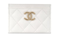 CHANEL Embossed Shiny Litchi Calfskin Card Holder Small Size Women's White