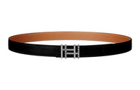 HERMES Woven Double H-Shaped Silver Buckle Epsom Calfskin Double-Sided Belt Women's Black/Brown Width: 2.4cm