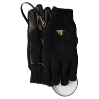 PRADA Wool Sheepskin Enamel Metal Gloves Women's Black