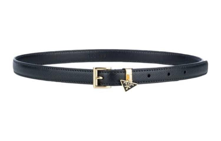 PRADA Badge Decoration Pin Buckle Leather Belts Women's Black Width: 1.5cm