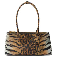 PRADA Cow Leather Shoulder Bag Medium Size Women's Beige & Black
