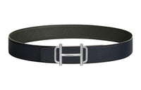 HERMES Silver Buckle Togo Calfskin Double-Sided Leather Belt Men's Indigo/Grey Green Width: 3.8cm