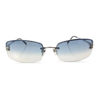 CHANEL Metal Acrylic Rhinestone Rectangular Sunglasses Unisex Silver