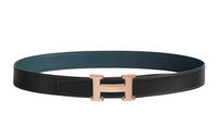HERMES H-Shaped Buckle Smooth Buckle Leather Belts Women's Blue/Black Width: 3.2cm