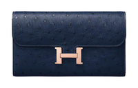 HERMES Constance Long Wallet Ostrich Leather Wallet Women's 77 Bleu Iris
