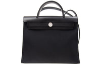 HERMES Herbag Zip Cowhide Patchwork Canvas Handbag Shoulder Bag Crossbody Bag Unisex Black