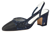 CHANEL Glitter Muslin 65mm Slingbacks Navy Grosgrain Women's