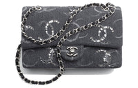 CHANEL Classic Flap CF Denim Sequins Shoulder Bag Crossbody Bag Women's Black Gray Color