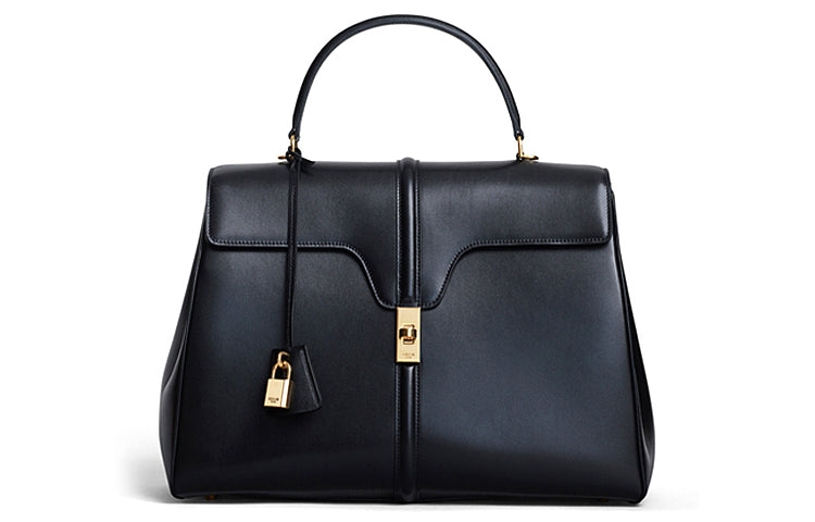 CELINE 16 Cow Leather Handbag Large Size Women's Black