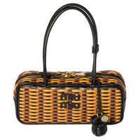 MIU MIU Beau Calfskin Shoulder Bag Women's Black & Cognac Brandy & Ochre