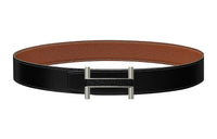 HERMES Letter H Silver Buckle Togo Calfskin Double-Sided Belt Men's Black Width: 3.8cm