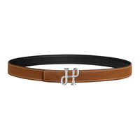 HERMES Palladium-Plated Calfskin Metal Leather Belts Women's Brown/Black Width 2.4CM
