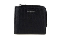 SAINT LAURENT Crocodile Pattern Embossed Leather Cow Leather Wallet Men's Black